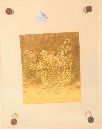 Ezio Gribaudo Embossed Gilt Plaque, of figure, in Lucite frame, signed lower right Gribaudo, hallmarks lower left, 9 1/2" x 7".