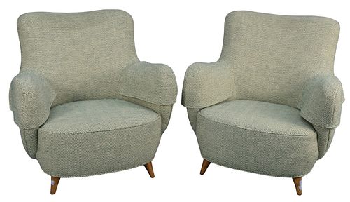 Pair of Vladimir Kagan Barrel Chairs, with light green upholstery and walnut legs, height 30 inches, width 30 inches, depth 27 inches. Provenance: The