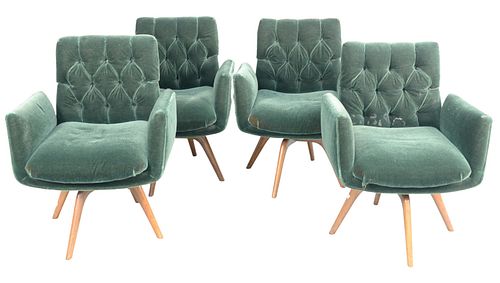 Set of Four Vladimir Kagan Swivel Armchairs, upholstered in green mohair, having button tufted backs, solid walnut legs, seat height 12 inches, height