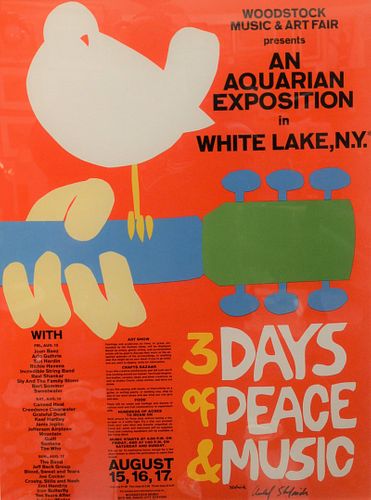 Arnold Skolnick (American, b. 1937), "3 Days of Peace & Music", Woodstock Festival lithograph, in colors on paper, signed in ink lower center Arnold S