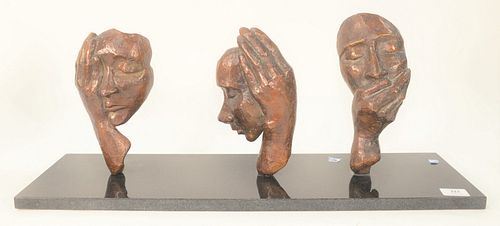 "See No Evil, Hear No Evil, Speak No Evil", three piece bronze sculpture, two signed indistinctly with a foundry mark verso, overall height 11 inches,