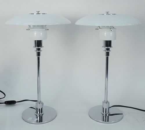 Pair of Poul Henningsen Table Lamps, model PH 3/2, chrome with glass shades, each retail for $1,336, height 18 inches.