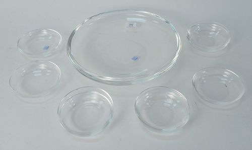 Group of Steuben Crystal, to include large center dish, and a set of 10 plates, dish diameter 13 1/2 inches, plate diameter 5 1/4 inches. Provenance: 
