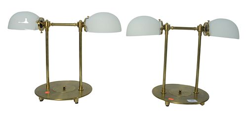 Three piece lot to include Heavy Brass Double Table Lamps, vintage with frosted glass, shell form shades, height 14 inches, width 20 inches; along wit