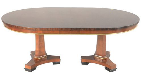 Oval Banded Inlaid Dining Table, possibly Baker, along with one 24" leaf, height 30 inches, top 48" x 75", open 48" x 97".