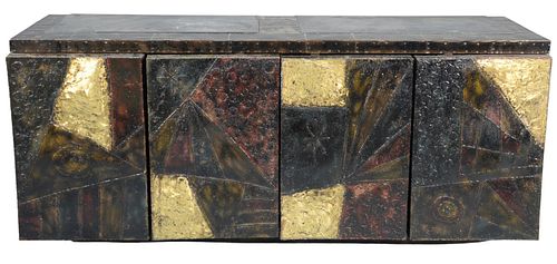 Paul Evans Patchwork Brutalist Modern Cabinet, model PE-40A, for Directional, having four welded steel doors, with poly-chromed exterior, with inset s