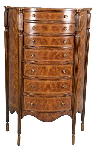 Theodore Alexander Semanier, with seven bowed front drawers, height 56 1/2 inches, width 38 inches, depth 17 inches.