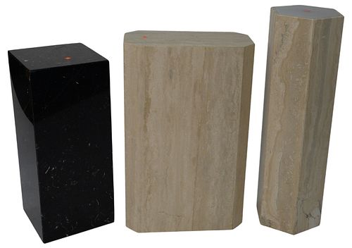 Three Granite Pedestals, one with light-up top, height 36 inches, diameter 10 1/4 inches; black granite top 12" x 12" x 28 1/2", has small crack, tan 