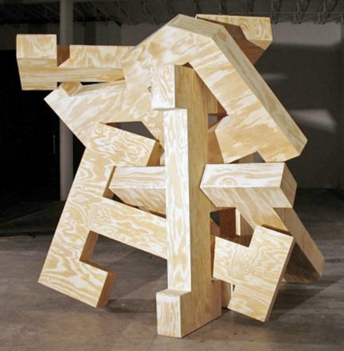 Tao Rey (American, b. 1978), untitled (word jumble, TRUTH), 2007; wood, nails, and glue, 79" x 72" x 72". Provenance: Purchased from and exhibited at 