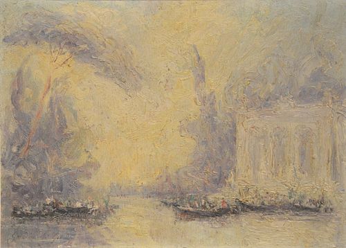 Andre Guerin Le Guay (French, 1872 - 1945), abstract harbor scene, oil on paper, signed lower right, sight size: 9 1/4" x 12 1/2".
