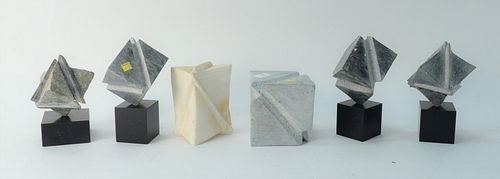 Group of Six Carved Stone and Marble Sculptures, geometric square designs, tallest height 9".