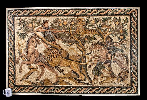 Stunning & Huge Roman Stone Mosaic w/ Hunting Scene