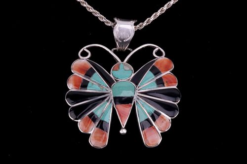 Navajo Silver Multistone Inlaid Butterfly Necklace