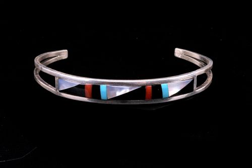 Navajo Multi Stone Inlaid Sterling Silver Bracelet