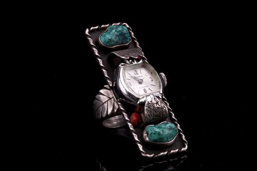 Navajo Silver Turquoise & Coral Watch Ring