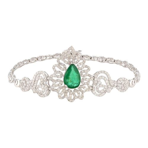 2.75ct Emerald and 3.19ctw Diamond 14K White Gold Bracelet