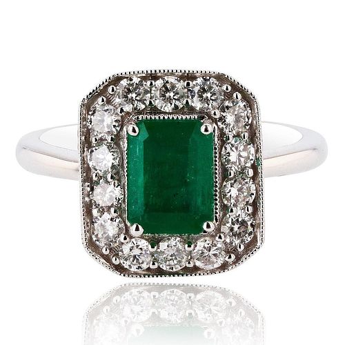 1.09ct Emerald and 0.65ctw Diamond 18K White Gold Ring