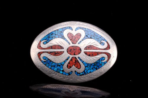 Navajo Branch Coral & Turquoise Chip Belt Buckle