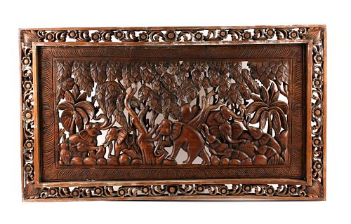 Elephant Family Hand Carved Wooden Wall Panel