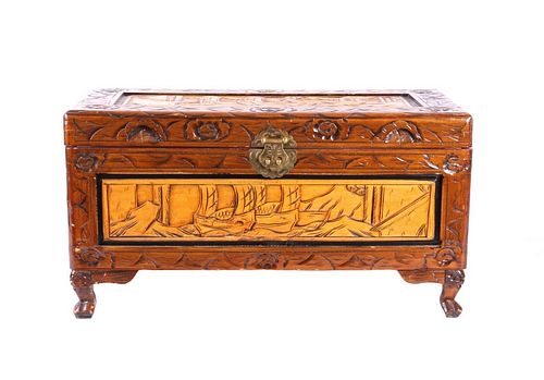 Hand Carved Pictorial Flat Top Wood Chest