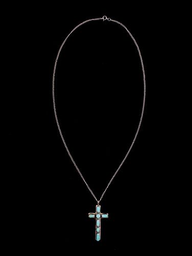 Zuni Signed Sleeping Beauty Cross Necklace