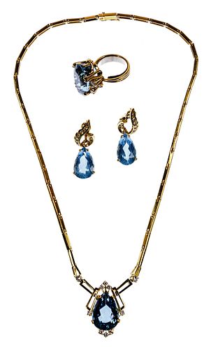 18k Yellow Gold, Blue Topaz and Diamond Jewelry Suite