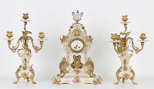 Gilt Bronze/Porcelain KPM Porcelain Clock Set