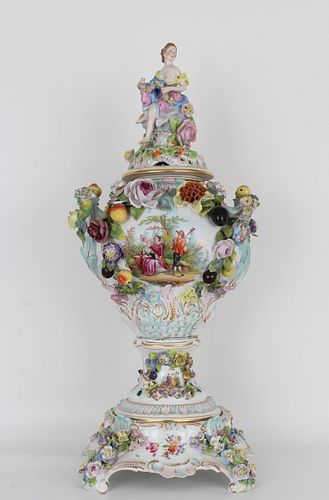 Large Antique Dresden Porcelain Floral Urn