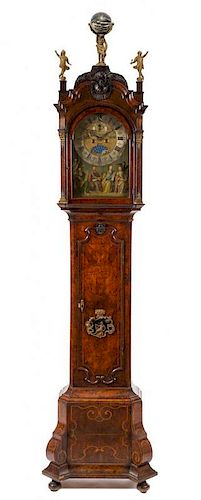 * A Dutch Gilt Metal Mounted Burl Walnut Tall Case Clock Height 110 1/2 inches.