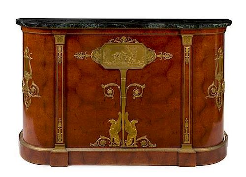 * An Empire Style Gilt Bronze Mounted Amboyna Cabinet Height 47 3/8 x width 78 3/4 x depth 28 1/4 inches.
