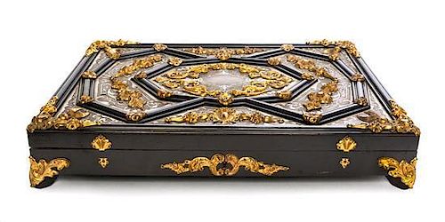 * A Napoleon III Gilt-Metal Mounted Cut Brass Toroiseshell and Mother of Pearl Inlaid Ebonised Boulle Presentation Box Width 13