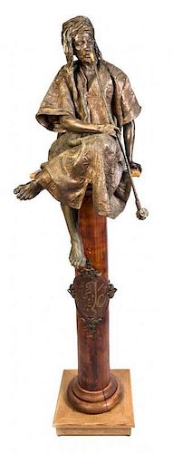 A French Polychrome Patinated Cast Metal Figure Height with pedestal 67 inches.