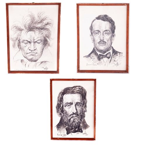 Retratos de compositores de música. Siglo XX. Tinta y carboncillo sobre papel algodón. Beethoven. Puccini y Verdi. Enmarcados. Pzs: 3