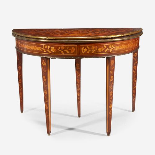 A Dutch Neoclassical Brass-Mounted Floral Marquetry Mahogany Demilune Card Table, First half 19th century
