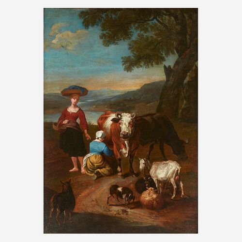 Attributed to Jan Frans van Bloemen (Flemish, 1662-1759), , Arcadian Landscape with Peasants and a Maid Milking Cow