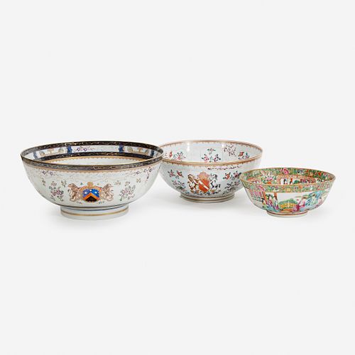 Three Chinese Export and Chinese Export Style Porcelain Bowls, 19th century