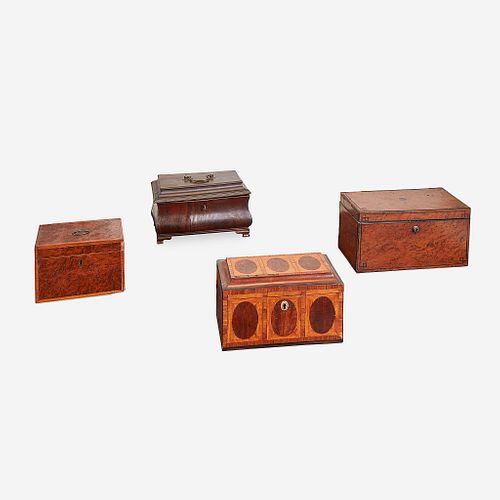 A Collection of Four Large Regency/Victorian Figured and Inlaid Wood Tea Caddies, 19th century