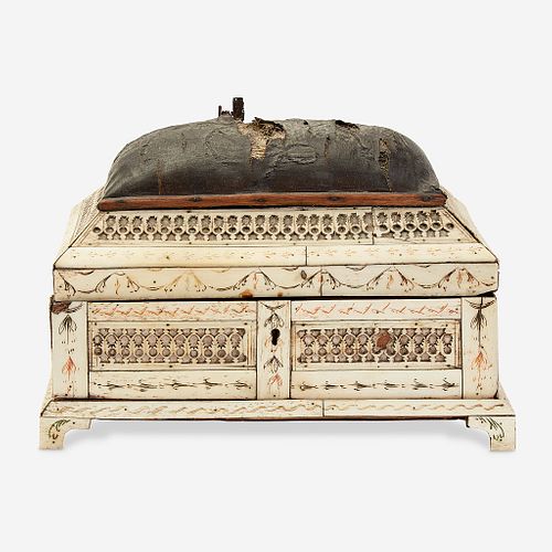 A Russian Neoclassical Engraved and Polychromed Bone Sewing Box, Possibly Kholmogory, early 19th century