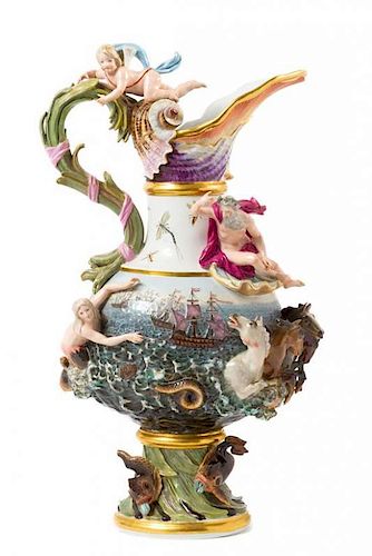 * A Meissen Porcelain Outside-Decorated Elements Ewer Height 26 inches.