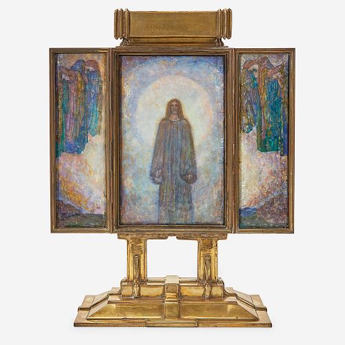 An Arts & Crafts Brass and Foil-Backed Enamel Triptych Altarpiece, "Behold I Stand at the Door and Knock", Alexander Fisher (British, 1864-1936), late