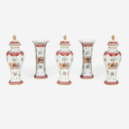 A Samson Chinese Export Style Armorial Porcelain Five-Piece Garniture, Late 19th century