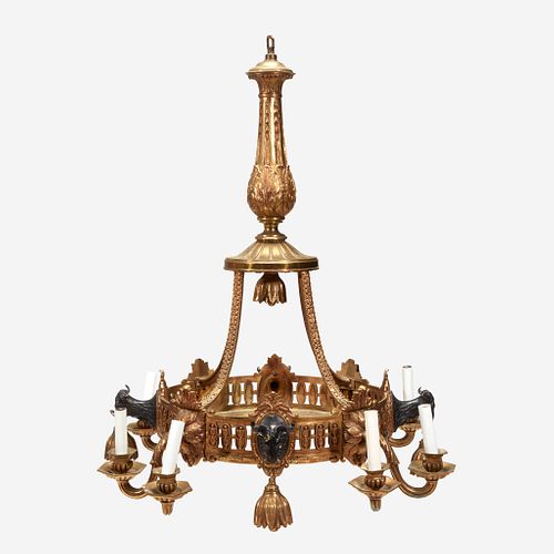 An Empire Style Gilt, Patinated Bronze, and Etched Glass Eight-Light Chandelier, Early 20th century