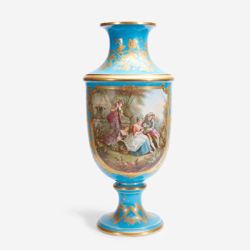 A Sèvres Style Bleu Céleste Parcel-Gilt and Hand-Painted Vase, Late 19th/early 20th century