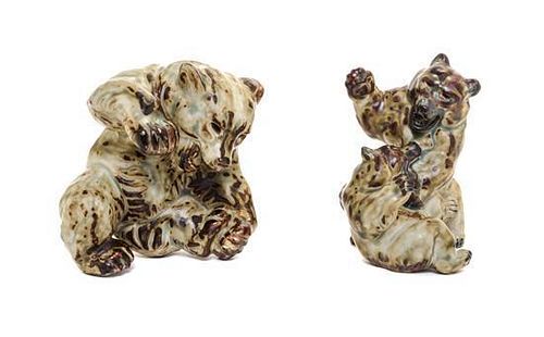 A Pair of Royal Copenhagen Glazed Stoneware Bear Groups Width of larger 5 1/4 inches.