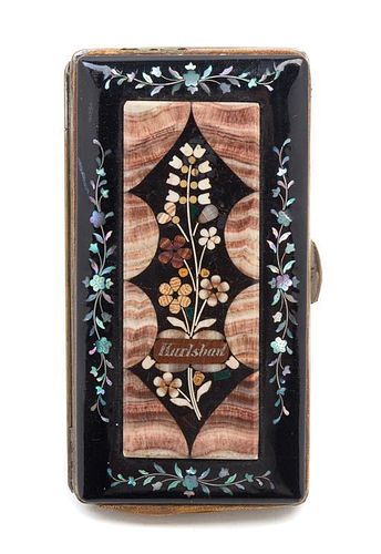 * A Continental Aragonite, Hardstone and Abalone Inlaid Black Lacquered Souvenir Cigar Case Length 5 1/4 inches.