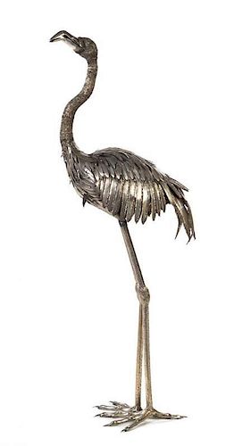 * A Monumental Italian Silver Model of a Flamingo, Attributed to Buccellati, 20th Century, realistically modeled in three parts