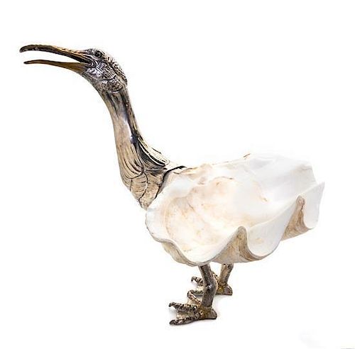 * An Italian Silver Mounted Clam Shell Sculpture, Florence, 20th Century, formed as a cormorant with a silver-gilt beak, silver