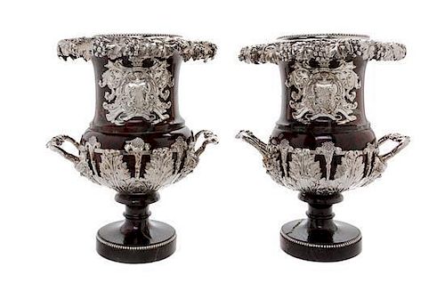 * A Pair of English Silver Mounted Marble Vases Height 12 1/2 inches.