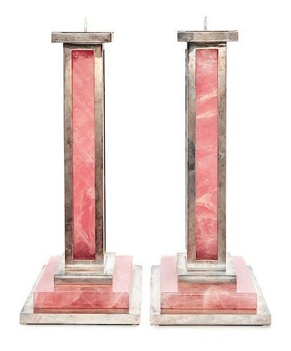 * A Pair of Elizabeth II Silver and Rose Quartz Candlesticks, Paul Belvoir, London, 2007, each silver frame enclosing a columnar
