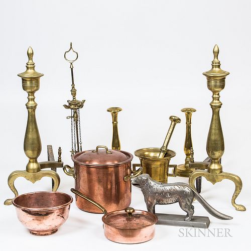 Large Group of Copper and Brass Fireplace Accessories and Domestic Items